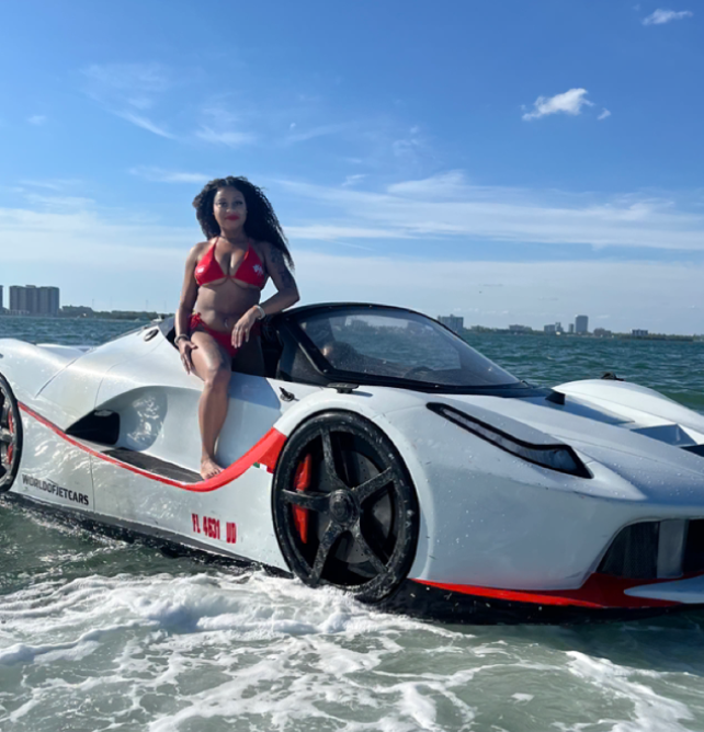 Jet car rental with Miami skyline backdrop